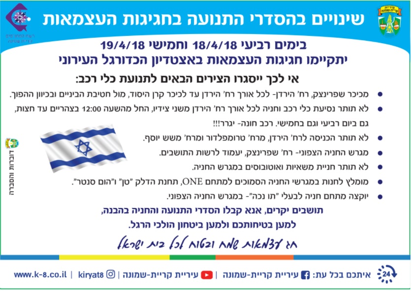 שינויים בהסדרי התנועה בחגיגות העצמאות
